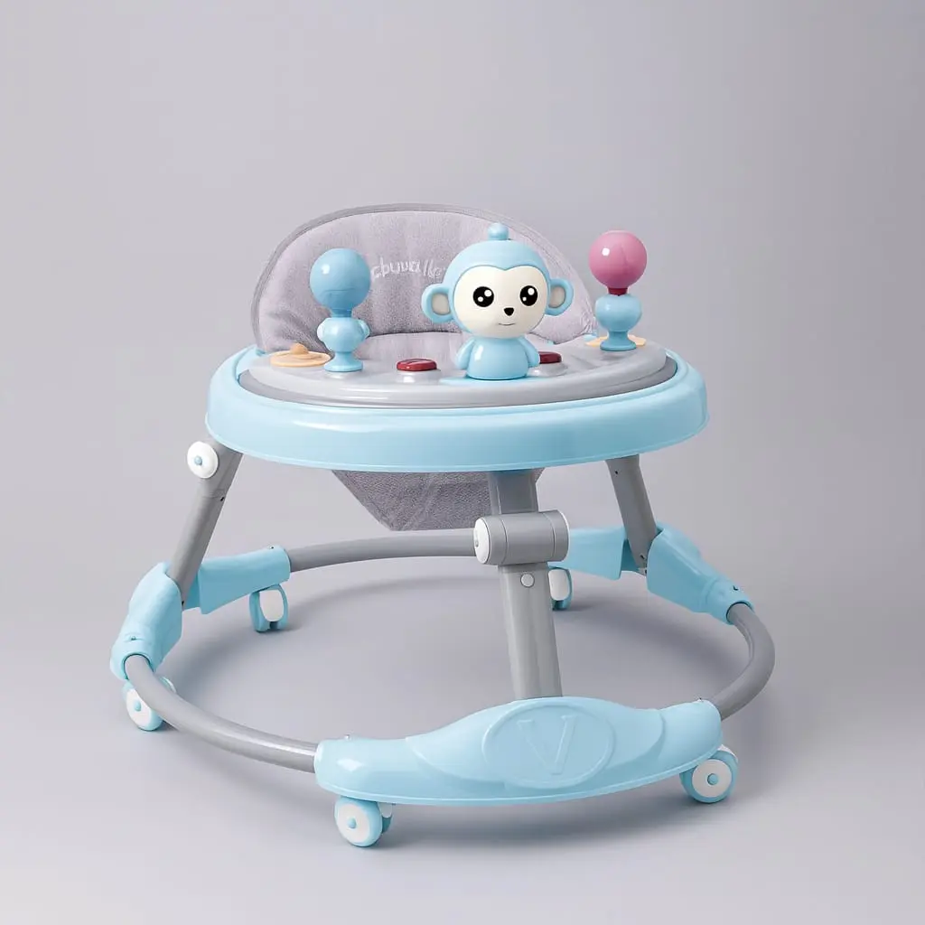Baby Walker with Monkey Toy – Adjustable & Foldable (Blue & Grey)