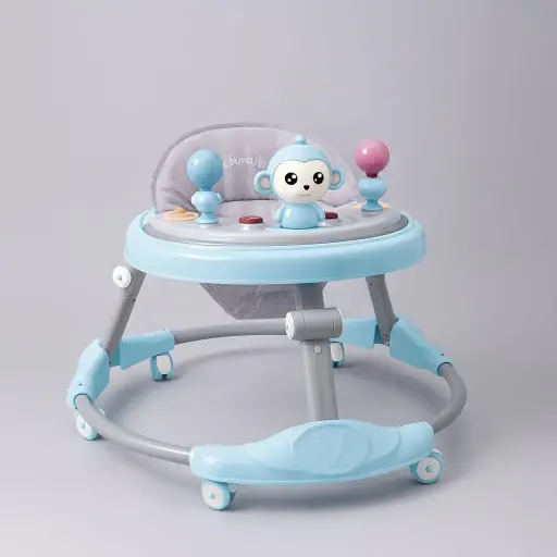 Baby Walker with Monkey Toy – Adjustable & Foldable (Blue & Grey)