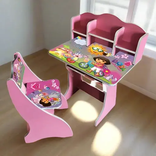 Multipurpose Adjustable Dora Character Printed Study Activity Table With 1 Chair- Pink